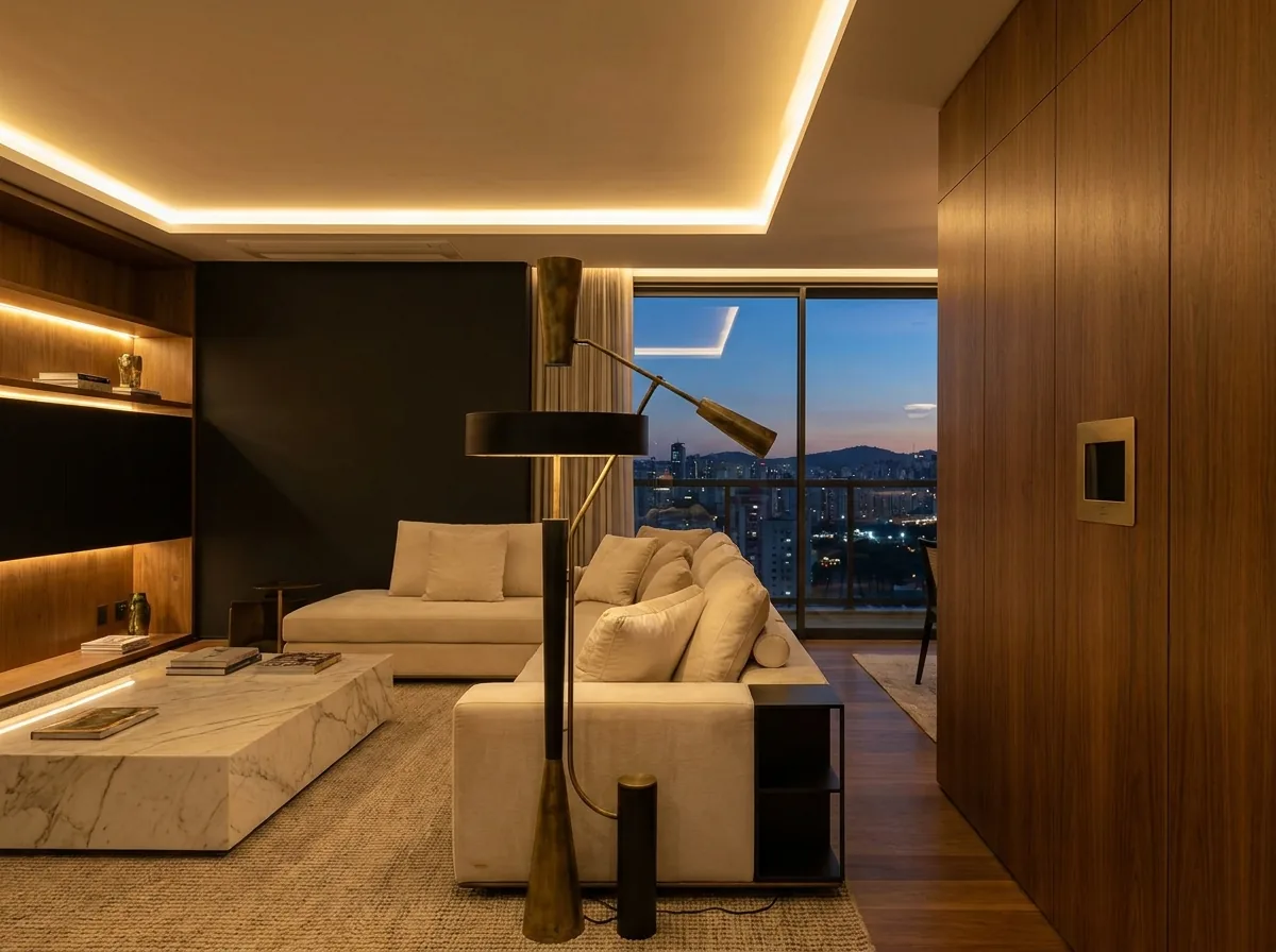 Sala automatizada com painel touch em parede de madeira e iluminação cênica — projeto Um Click no Jardins